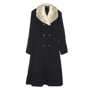 Vintage Long Black Wool Swing Coat M/L Fur Collar Double Breasted A Line Trench
